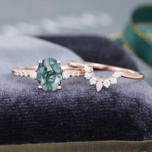 Anillo de Media Eternidad de Plata de Ley 925 con Corte Marquesa, Oro Rosa Vintage, Anillo de Compromiso con Ágata Musgosa de Corte Ovalado - Product Image 3