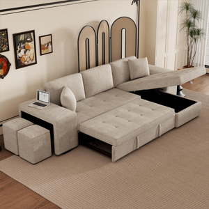 Modern L Shape 3 Seat Reversible Sectional Couch Pull Out Sleeper <b>Sofa</b> With Storage Chaise And 2 Stools For Living Room - Product Image 1