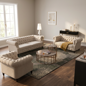 Juego de Sofás de Estilo Americano Contemporáneo para Sala de Estar, Sofá Acolchado/Sofá de Dos Plazas/Sofá Individual, Tapizado en Lino, Juego Chesterfield 1+2+3 - Product Image 1