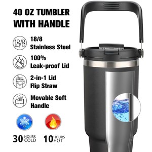 Stock disponible en entrepôt FBA, gobelet isotherme sous vide de 40 oz, couleur unie, avec poignée et couvercle - Product Image 2