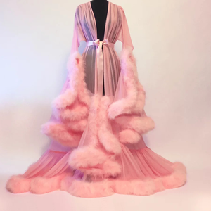 King Mcgreen Star Lencería Sexy, Bata Transparente con Plumas para Mujer, Vestido de Noche con Manga Trompeta y Cola, Transparente - Product Image 2