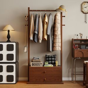 Perchero de madera maciza con cajón de almacenamiento, 60x40x170cm, color nogal, perchero de pie para ropa, para dormitorio y uso doméstico - Product Image 3