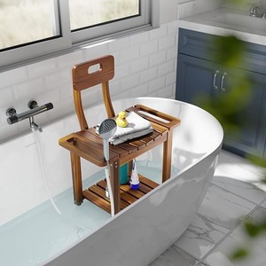 Tabouret de salle de bain en teck Ruoyi avec dossier et étagère, 18,7x16,5x34,8 pouces, chaise de douche pour la zone de la baignoire - Product Image 4