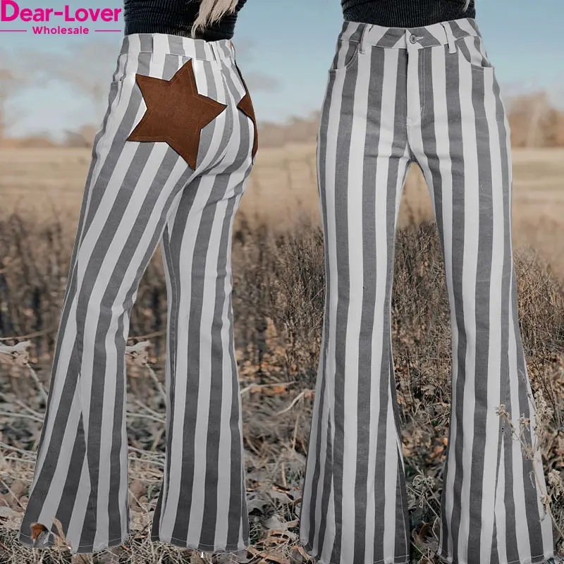 Dear-Lover Fast Shipping Western Clothing Women Stripe Star Embellished Flare Jeans Ladies Denim Jeans