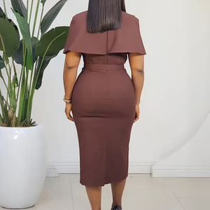 D623 Latest Design <strong>Summer</strong> Career <strong>Dresses</strong> Women Casual Slim Fit V-neck Cape <strong>Sleeve</strong> Ladies Office <strong>Dresses</strong> for Women <strong>With</strong> Belt - Product Image 5