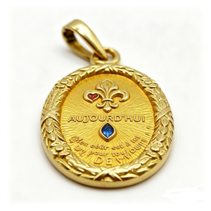 Medalla ovalada chapada en oro con corazón esmaltado de flor de lis y gema azul, amuleto de amor, regalo de aniversario - Product Image 4