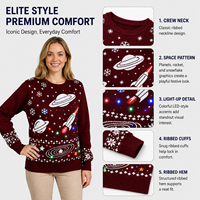 Pull de Noël LED pour femme FNJIA, tricot jacquard bordeaux, motif planètes, fusées, flocons de neige, pull lumineux pour les fêtes, personnalisable OEM