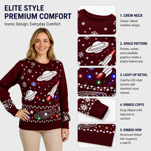 <span class=keywords><strong>Pull</strong></span> <span class=keywords><strong>de</strong></span> <span class=keywords><strong>Noël</strong></span> LED pour <span class=keywords><strong>femme</strong></span> FNJIA, tricot jacquard bordeaux, motif planètes, fusées, flocons <span class=keywords><strong>de</strong></span> neige, <span class=keywords><strong>pull</strong></span> <span class=keywords><strong>lumineux</strong></span> pour les fêtes, personnalisable OEM - Product Image 3