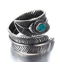 Bagues en acier inoxydable pour hommes et femmes, bijoux personnalisés en forme de plume incrustés de turquoises pour unisexe, vente en gros