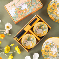 Ensemble de bols et d'assiettes en céramique, motif de plantes, lapin, promotion pour la fête des enseignants, sous-glaçure, petit cadeau, vente en gros