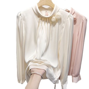 Blusa <span class=keywords><strong>de</strong></span> <span class=keywords><strong>Mujer</strong></span> <span class=keywords><strong>de</strong></span> Manga Larga <span class=keywords><strong>de</strong></span> Satén Tipo Seda para Primavera y Otoño, Nuevo Pulóver <span class=keywords><strong>de</strong></span> Estilo Francés con Flores Tridimensionales <span class=keywords><strong>en</strong></span> Color Sólido - Product Image 1