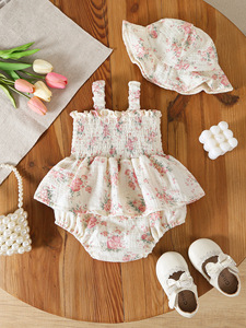 Traje de verano 2026 para bebé, mono floral sin <span class=keywords><strong>tirantes</strong></span> para niñas, lindo conjunto de gateo con sombrero - Product Image 2