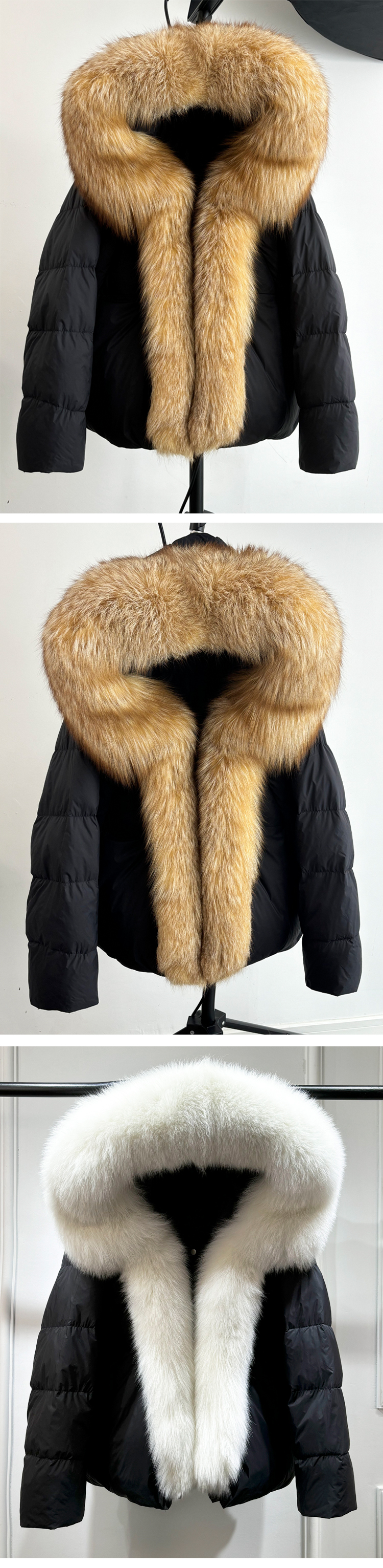Stylish JANVENY Women's Real Fox Fur Collar Puffer Jacket - Warm