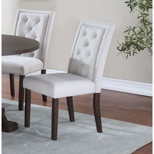 DB Modern Side <b>Chairs</b> 2pc Bone <b>White</b> Fabric Tufted Back <b>with</b> Rustic Espresso Wooden <b>Legs</b> for Home <b>Dining</b> Room - Product Image 3