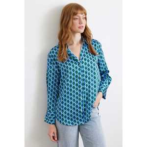Camisa de Satén con Estampado Geométrico Azul, Blusa Casual con Botones para Mujer, Uso Diario - Product Image 4