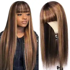 Fringe Straight Highlight Wig with Bangs Full machine made wig glueless 100% Cuticle Aligned Human Hair colored wigs for Women