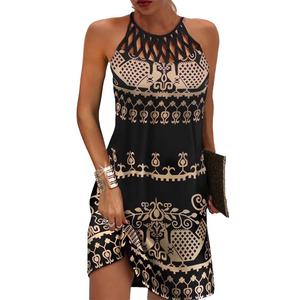 Abito Estivo Primaverile Casual Traspirante Leggero Elegante e in Stile Retrò con Scollo a O Senza Maniche Traforato Stampato a Linea A per Donne - Product Image 5