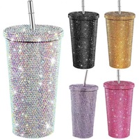 Tasse à café isotherme en acier inoxydable avec paille, incrustée de strass, motif style national tendance