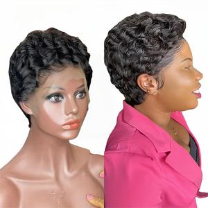 Perruque brésilienne Cheveux frisés Courte Coupe Pixie <span class=keywords><strong>Bob</strong></span> 13x4 Lace Frontale Complète Noire Naturelle Densité 150% HD Lace Pré-épilée Raide Bébé - Product Image 2