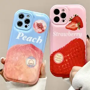 Cute Strawberry Lovely Peach Pattern Shockproof Phone Case For iPhone 14 13 12 11 Pro Max Simple Soft Gloss IMD Back Cover Case