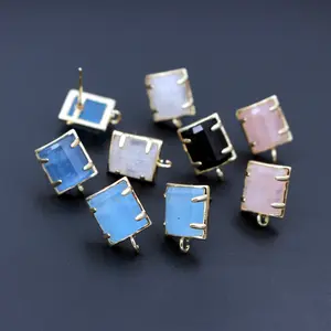 Colored Rectangle Stone Ear Posts Studs Gold Plated Rose Quartz White Quartz Black Blue Stone Earring with Open Loops Connectors