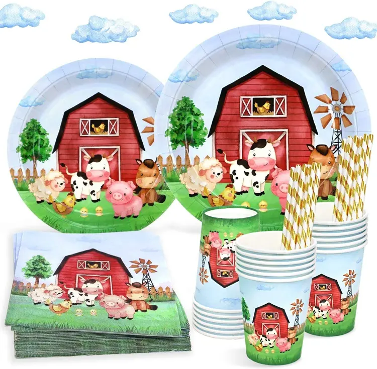 Watercolor Farm Birthday Party Supplies Plates Set for 25 Guests Plates Cups Tableware for Barnyard Farm Themed Party Decoration