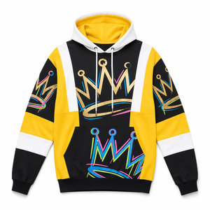 <span class=keywords><strong>Sudadera</strong></span> con Capucha para Hombre, Diseño de Corona con Estampado de Grafiti, Color Principal Negro, Bloques de Color Amarillo/Blanco, Estilo Urbano, <span class=keywords><strong>Sudadera</strong></span> de Algodón, OEM ODM - Product Image 5