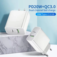 Paquete de 2 cargadores de pared PD de 20W USB tipo C cargador rápido 2A salida UE EE. UU. Enchufe estándar adaptador de corriente caja de enchufe Cable de bloque de carga