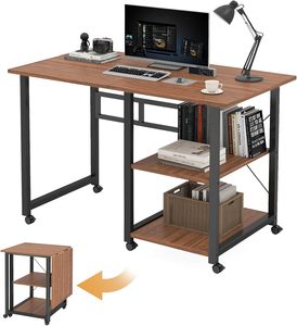 Bureau pliant avec étagère de rangement, bureau d'ordinateur pour l'écriture, <span class=keywords><strong>table</strong></span> à manger pliante multifonctionnelle, <span class=keywords><strong>table</strong></span> mobile avec roulettes - Product Image 3