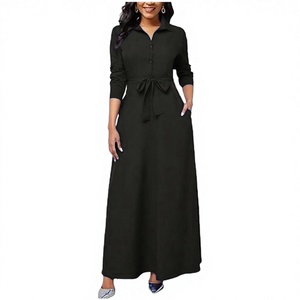 Women's Black Maxi Shirt Dress With Belt <b>Three</b> Quarter Sleeve Casual Solid Color Breathable Woven Long Dress With Pockets - Product Image 2