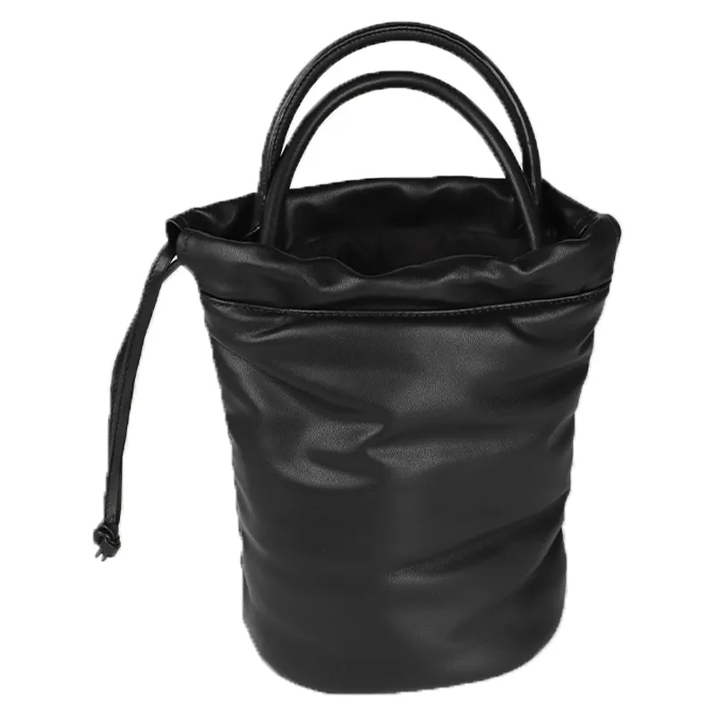 Women Hand Bags High Quality Pu Leather Drawstring Bucket Bag Black Button Bucket Bag Women Handbag