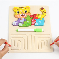 Jouet éducatif Montessori en bois écologique 2-en-1 : Puzzle d'animaux mobiles et tableau de traçage des chiffres, labyrinthe
