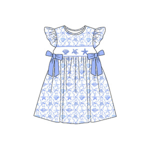 GSD3893 Vestido de niña personalizado con lazos de estrellas de mar azules, conjunto infantil al por mayor para bebé con mangas voladoras - Product Image 1