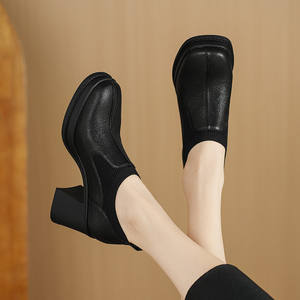 Zapato de Tacón Alto de Plataforma con Punta Cuadrada, Estilo Retro, de Cuero Genuino Suave, con Combinación de Piel de Oveja, Talla Grande - Product Image 6