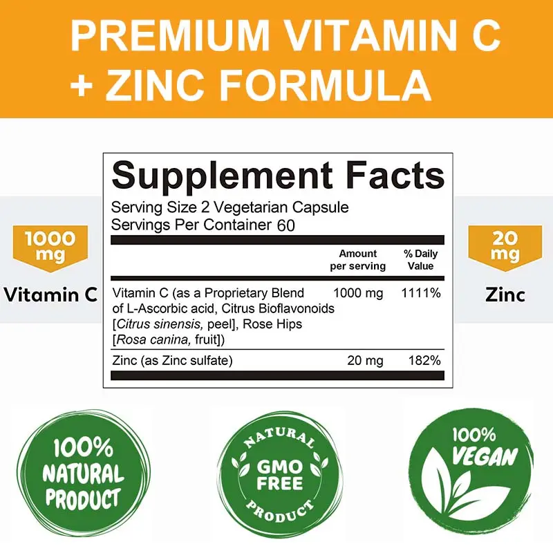 Çinko askorbat ve çinko oksit gdo olmayan C vitamini kapsül ile özel etiket OEM 120pc biyokullanılabilir ek