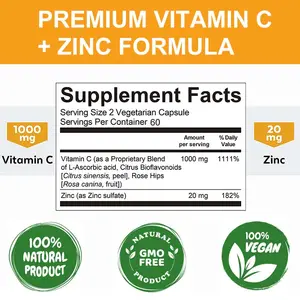 Private Label OEM 120pc Bioavailable Suplemento com Ascorbato De Zinco e Óxido De Zinco Não-GMO Vitamina C Cápsula