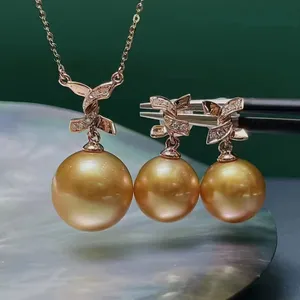 SGARIT Fine Jewelry Set 18K Yellow Gold 12MM Philippine Natural Gold Pearl Pendant 10MM Sea Pearl Drop Earring Jewellery