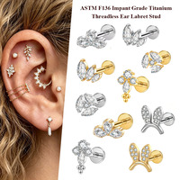 Piercing d'oreille en titane ASTM F136 Freya, sans filetage, à dos plat, avec zircon, pour cartilage, hélix, tragus, 16G, type push-pin