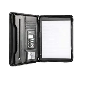 Black Premium Vegan Leather Business Portfolio with Zipper Padfolio with solar calculator and writing pad