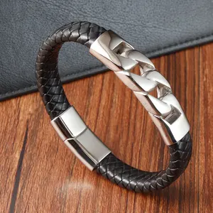 European men's hip hop Mink stainless steel hand bracelet Fashion Genuine leather braided bracelet titanium steel Jewelry Bangle