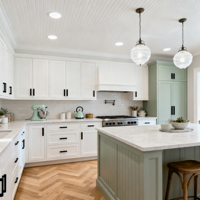 Armoires de cuisine shaker bicolores blanc et vert sauge sur mesure, cuisine moderne de style farmhouse en forme de L avec comptoir en granit