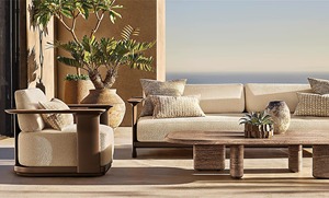 Conjunto de Sofá Contemporáneo para Exteriores con Mesa de Centro en Tela Beige y Estructura de Madera para Jardín o Patio - Product Image 5