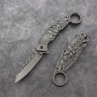 Couteau pliant vintage Tête d'aigle 3,5 pouces en acier 3Cr13 avec anneau de poignée et clip, finition noire délavée, outil EDC extérieur de haute qualité, DIY OEM
