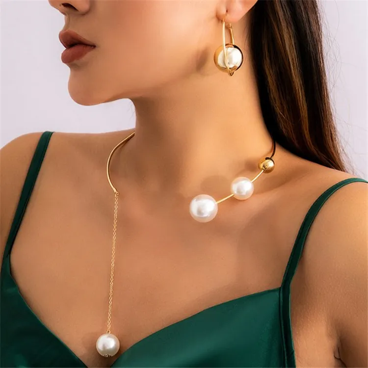 Simple Geometry Personality Ball Necklace Collar Chain Open Collar Synthetic Pearl Earrings Cool Style Women's Necklace