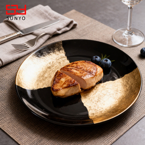 Assiette à dîner en verre <span class=keywords><strong>noir</strong></span> <span class=keywords><strong>et</strong></span> <span class=keywords><strong>or</strong></span>, 10 pouces, qualité alimentaire, passe au lave-vaisselle, vente en gros, certifiée FDA LFGB - Product Image 5