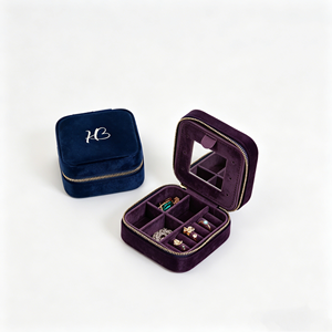 Recyclable Velvet Zipper Travel Jewelry Cases Square Shape Built in Mirror For Valentine Gifts Mothers Day Presents And Holiday - Product Image 1