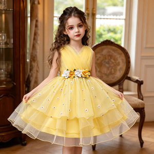 Vestido de princesa sin mangas con estampado floral amarillo para niñas, disfraz para actuación en escenario 2033 - Product Image 1