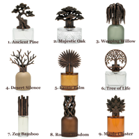 Tapa de perfume OEM/ODM de cobre envejecido y zinc con diseño estético Zen de pino bonsái y tallo de bambú para colección de botellas de fragancias orientales