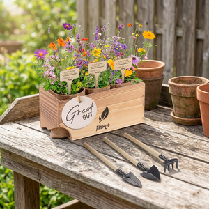 Large Eco-friendly Indoor <b>Gardening</b> <b>Kit</b> Wildflower Mix Bamboo Burlap- Planters Wooden Box Country Farmhouse Design Flowers - Product Image 4