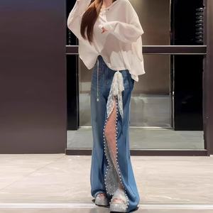 Jeans de Mujer al por Mayor, Primavera-Otoño 2025, Personalizados, Sexys y Modernos, de Pierna Ancha, Lavado Simple con Encaje - Product Image 2